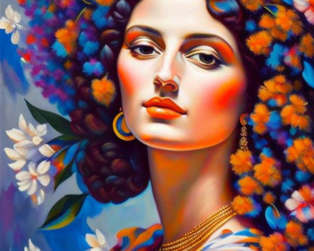 Colorful Painting of Woman with Flowers and Gold Jewelry on Floral Background