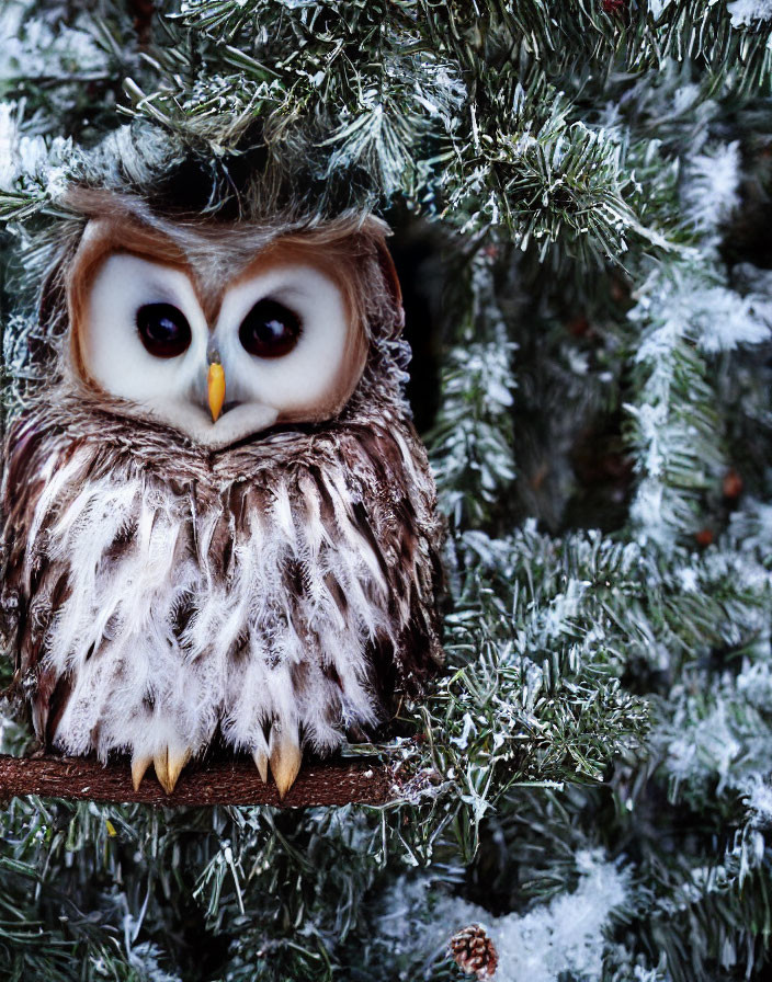 Plush Toy Owl on Frost-Covered Evergreen Branch