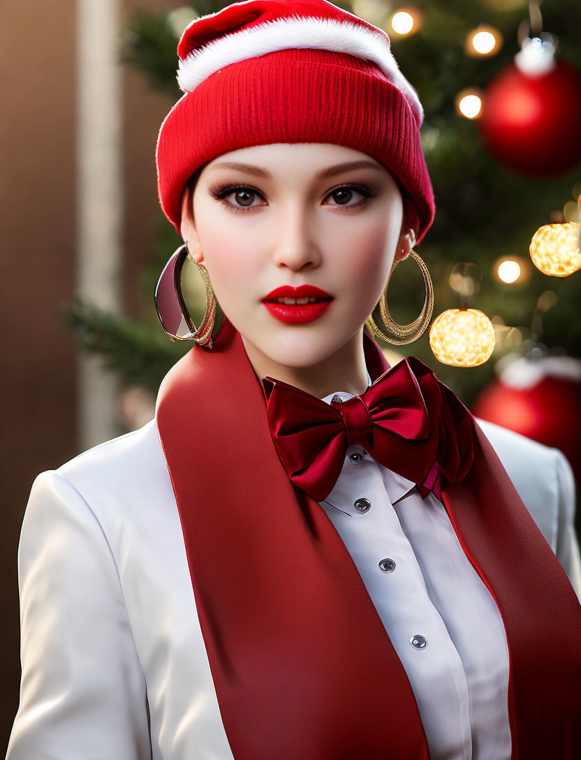 Fashionable person in red lipstick and white outfit with accessories against Christmas backdrop.