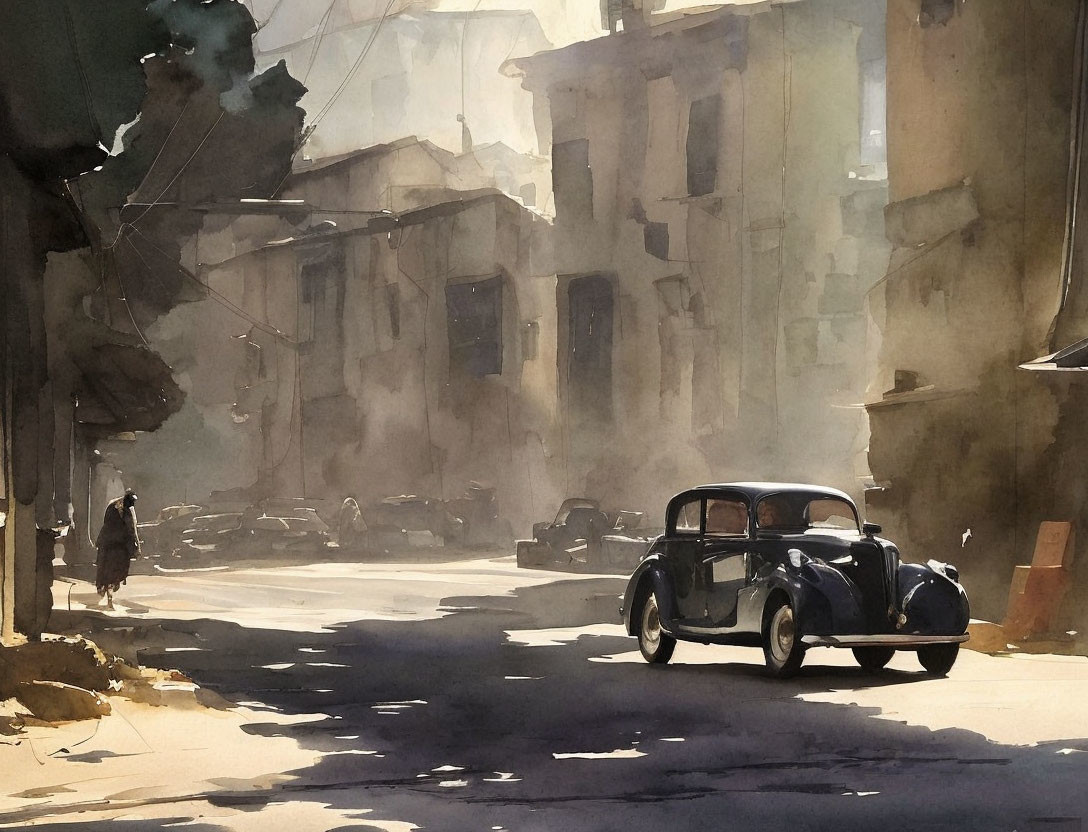 Vintage car on sunlit street with old buildings and solitary figure walking