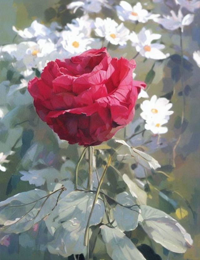 Red rose among white blossoms and green foliage in impressionistic painting style