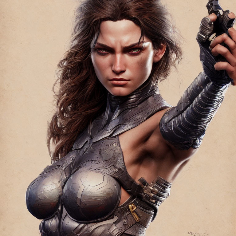 Female warrior with brown hair, red eyes, and metallic armor holding a gun