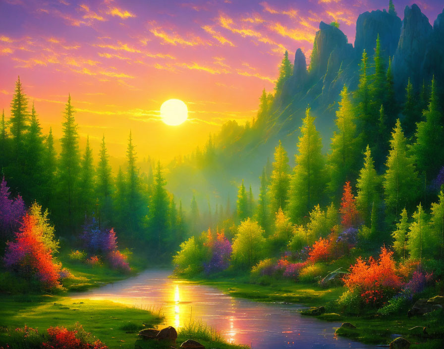 Colorful Sunrise Landscape with River, Trees, Pines, and Sun