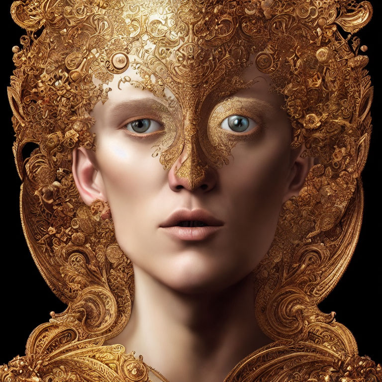 Intricate gold headpiece and mask with filigree designs on dark background