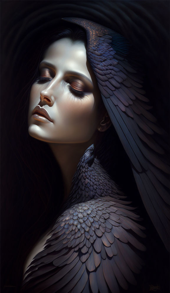 Dark-winged woman in serene pose, eyes closed, enveloped in shadows.