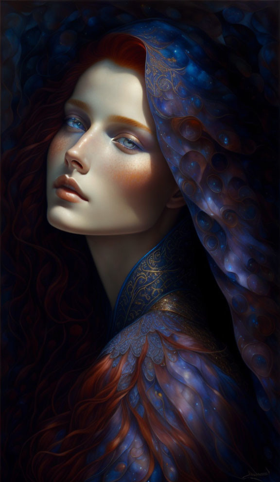 Portrait of woman with fiery red hair and starry cosmos cloak.