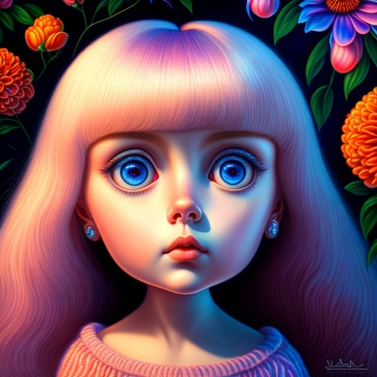 Digital illustration: Girl with blue eyes, pink hair, vibrant flowers - surreal, luminous beauty