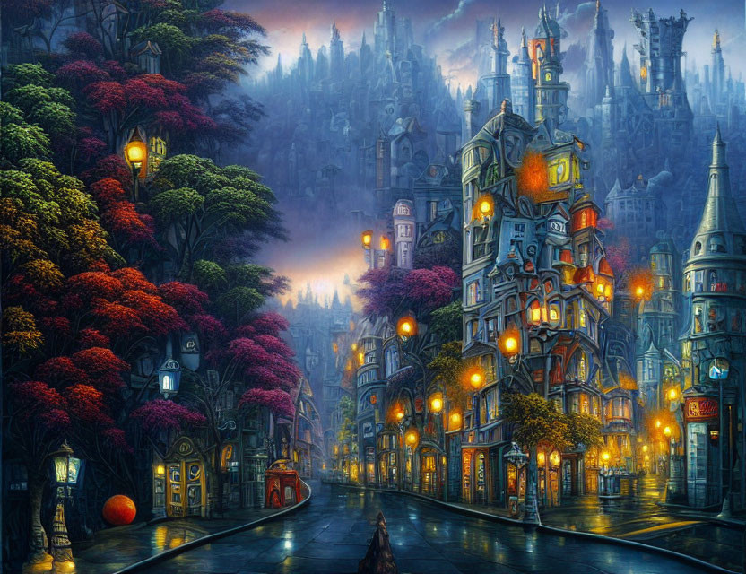 Whimsical artwork: Fantastical city at dusk with ornate buildings