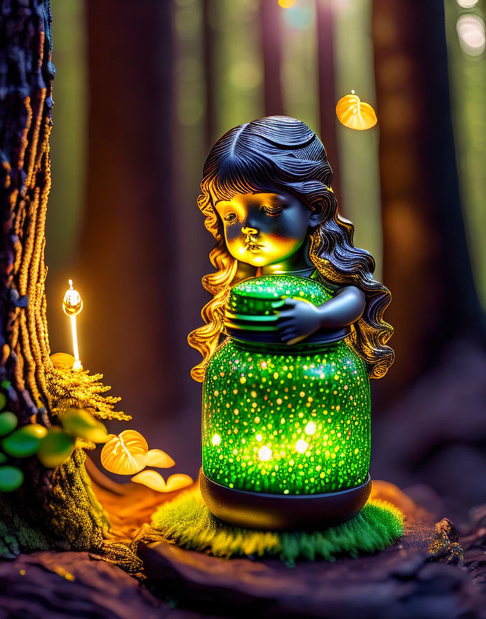 Porcelain figurine of girl with jar in enchanted forest and candle