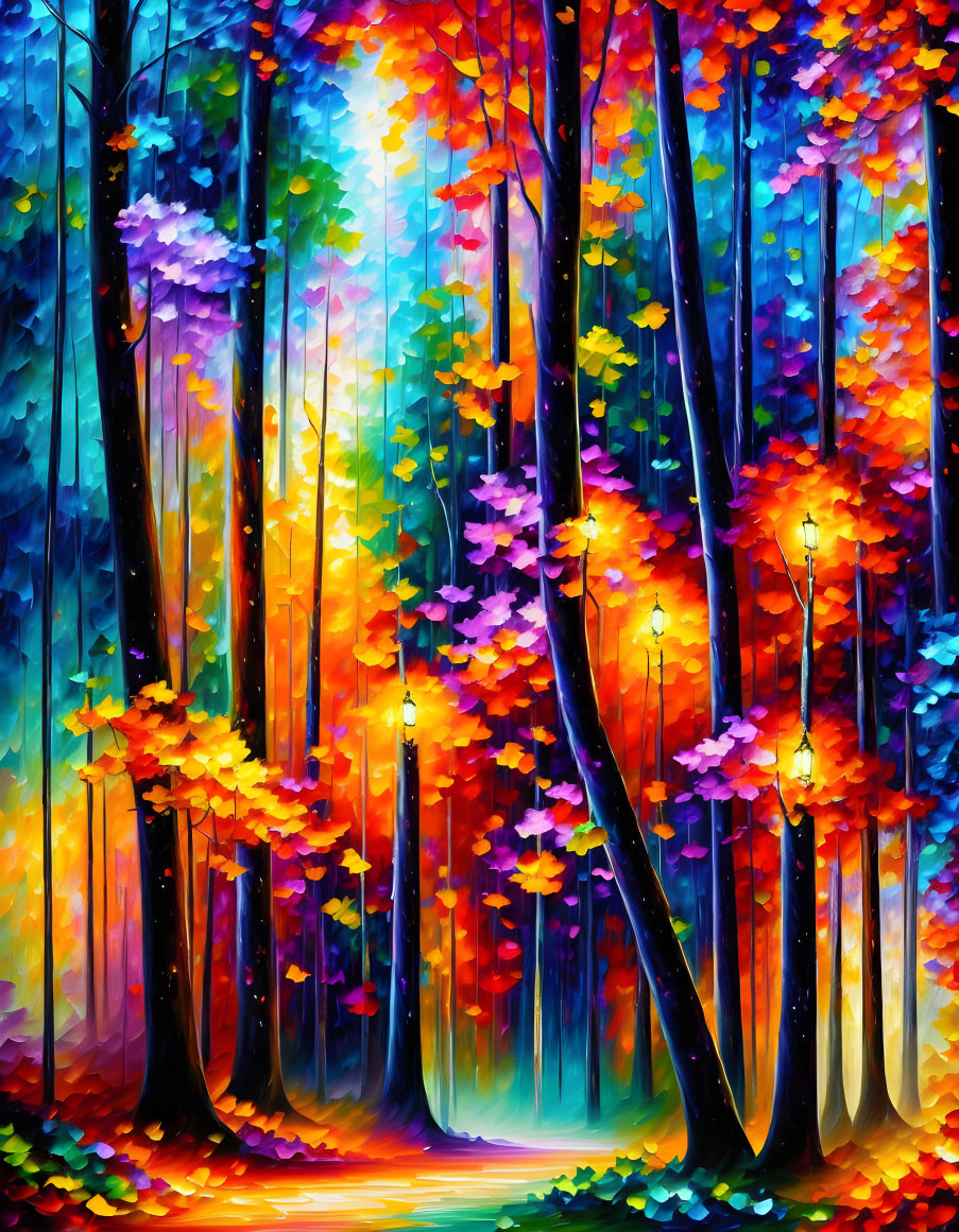 Colorful Autumn Forest Painting with Light-speckled Path