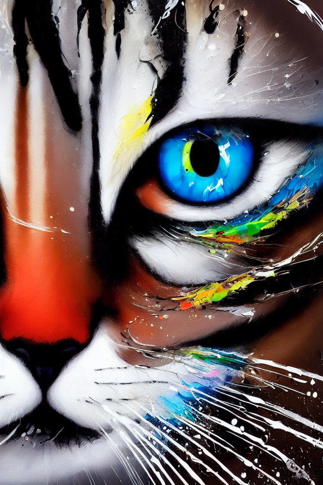 Colorful Cat Face Painting with Bright Blue Eye and Abstract Splashes