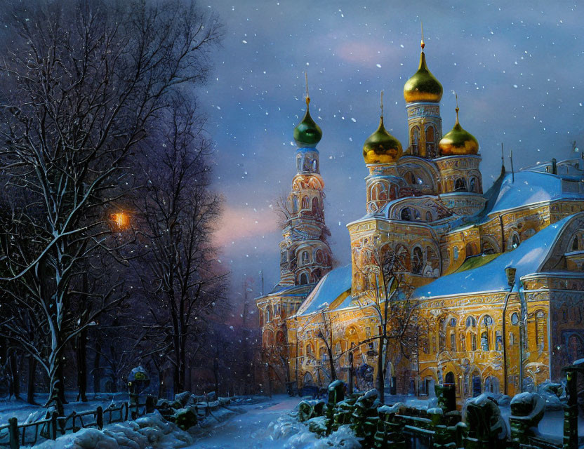 Snowy evening scene with illuminated orthodox cathedral and golden domes under starry sky.