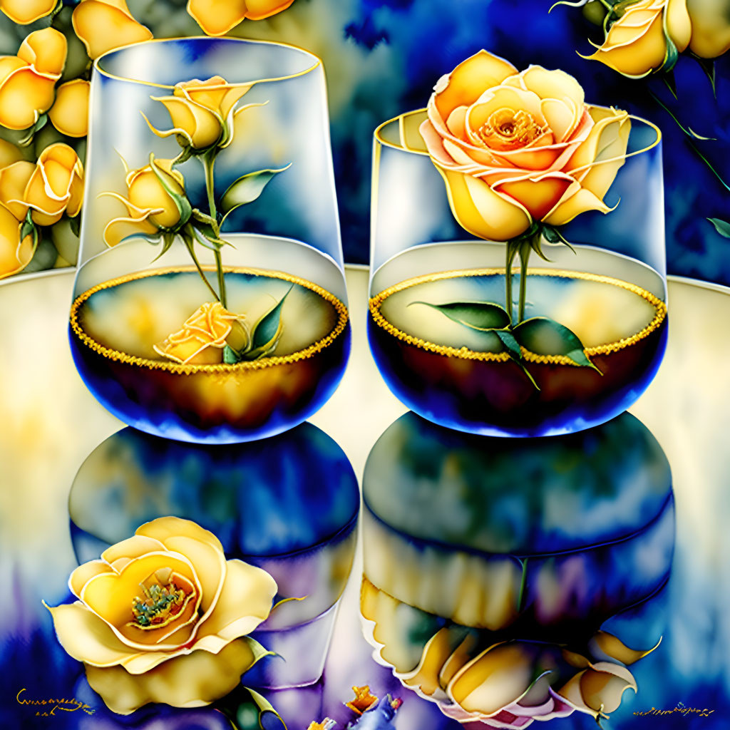 Golden-yellow roses in stemless wine glasses against blue rose background