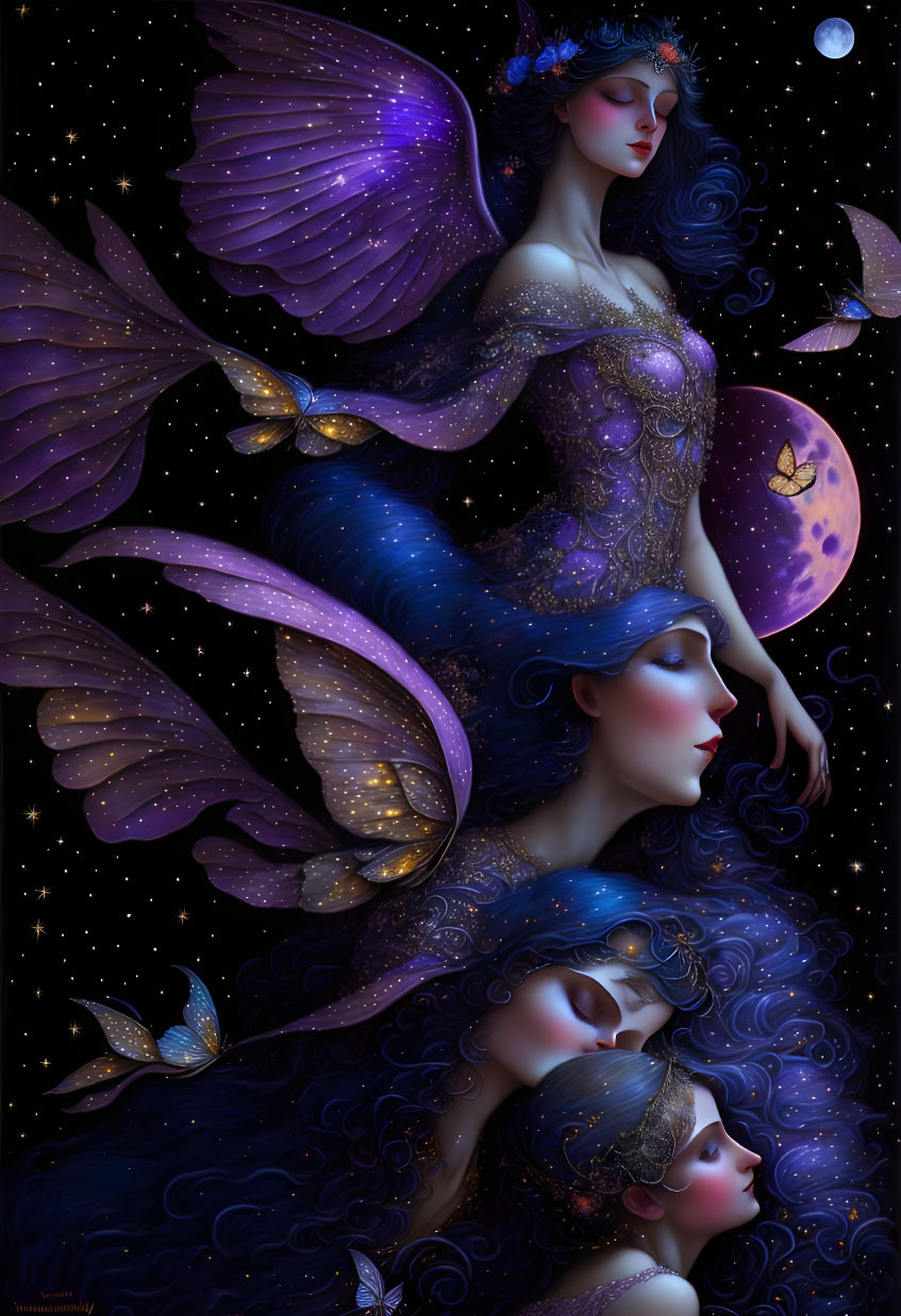 Ethereal fantasy art: Three women with butterfly wings in blue and purple hues, celestial hair,