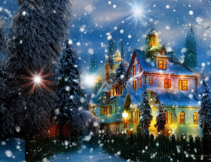 Snowy Night with Cozy Houses, Falling Snowflakes, Frosty Pine Trees, and Star