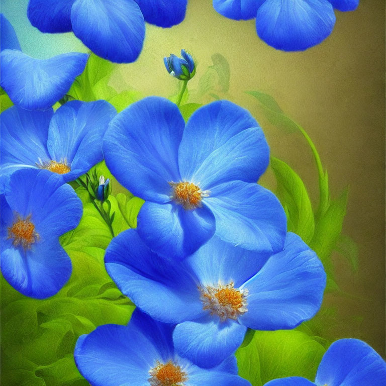 Bright Blue Flowers with Yellow Centers on Green Background