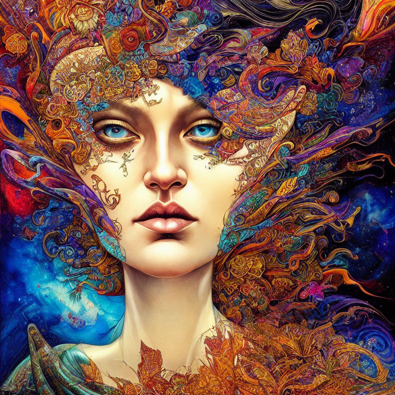 Colorful artwork of woman with blue eyes and intricate patterns.