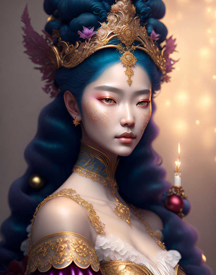 Digital Artwork of Woman with Blue Hair and Golden Crown Holding Candle