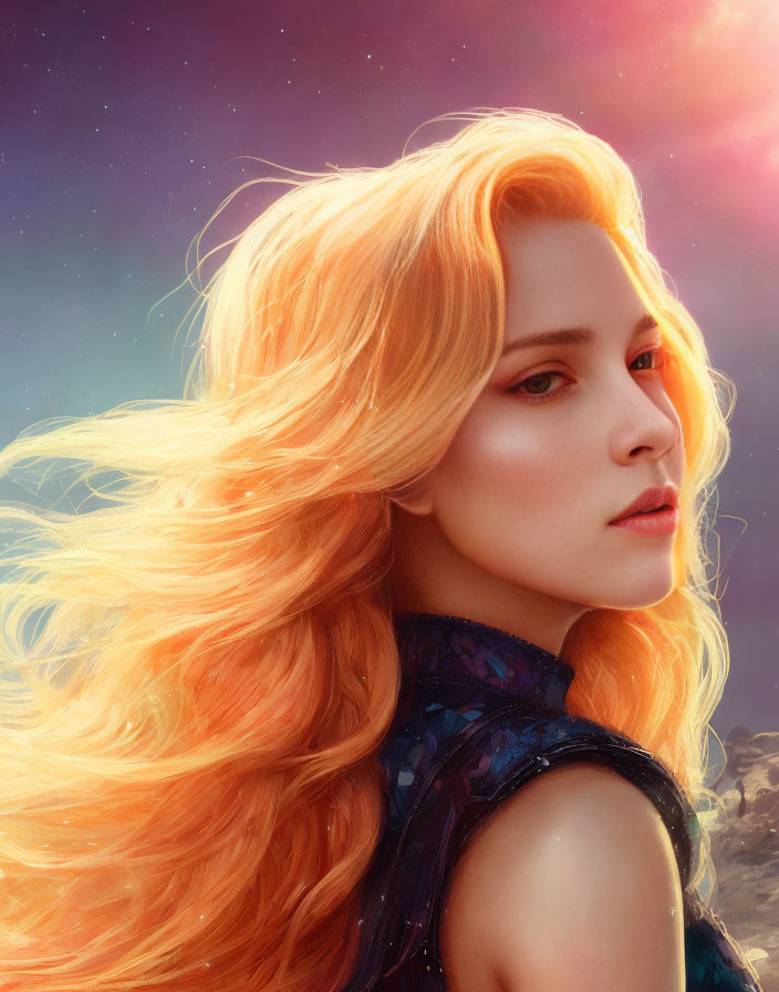 Digital artwork: Woman with fiery orange hair in cosmic setting