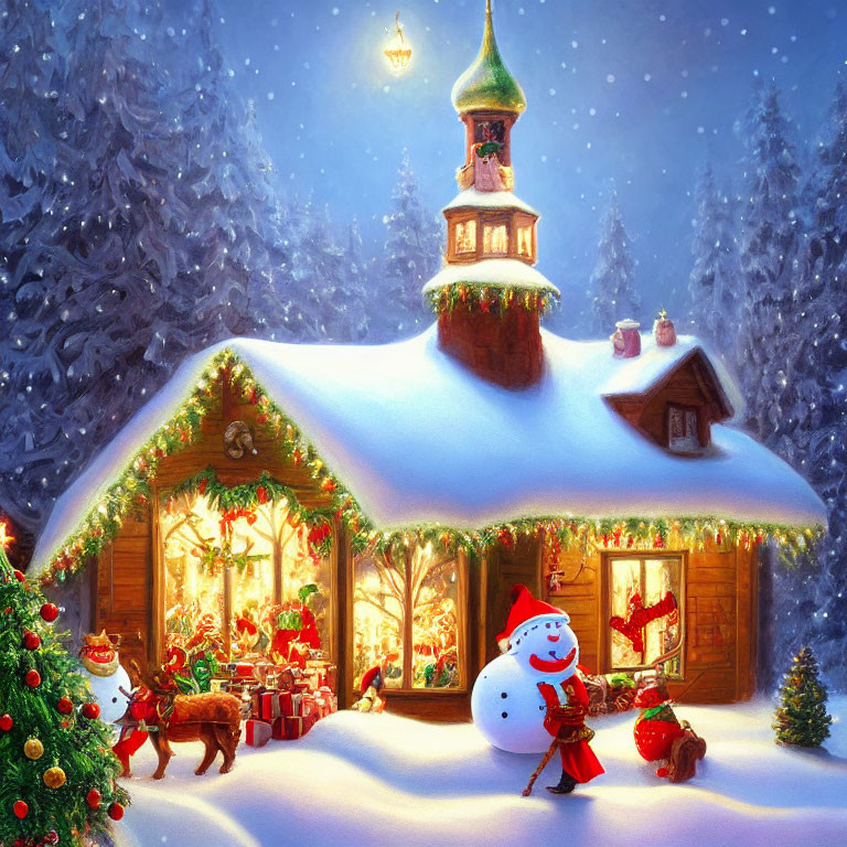 Snow-covered cottage with Christmas decorations, snowman, reindeer, gifts, and starry sky