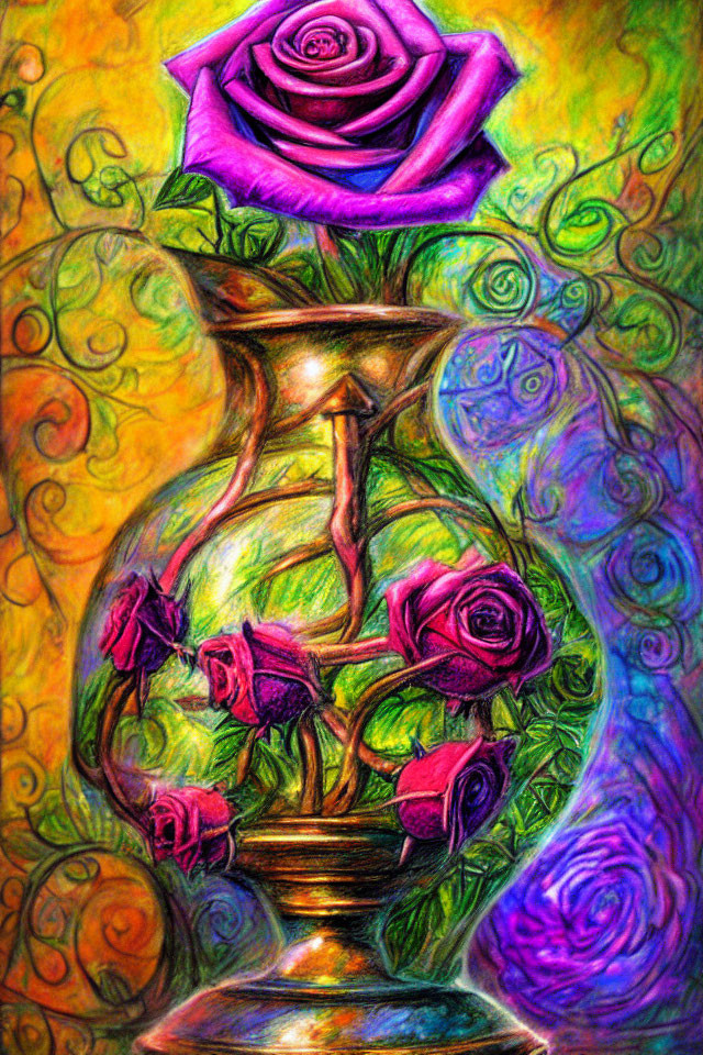 Colorful drawing of vase with stylized roses in vibrant hues