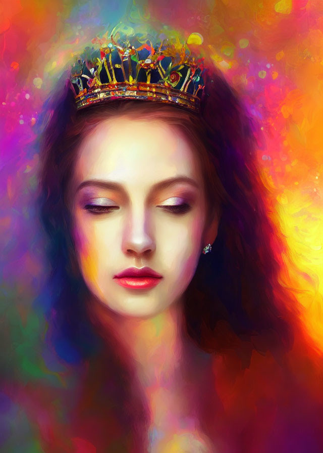 Serene woman with adorned crown and colorful abstract background