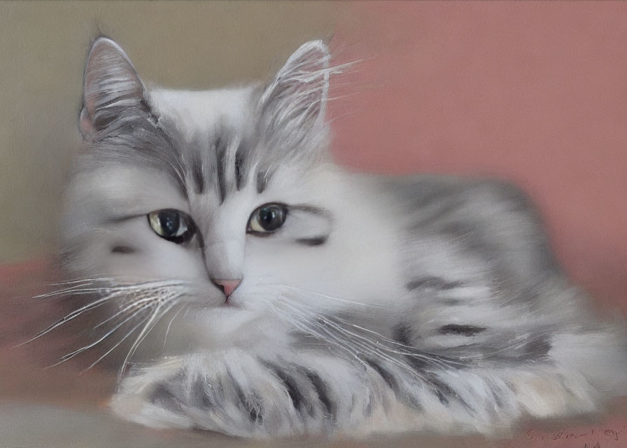 Fluffy white and grey cat with blue eyes and whiskers lying down