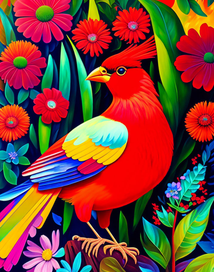 Colorful red cardinal among vibrant flowers and foliage