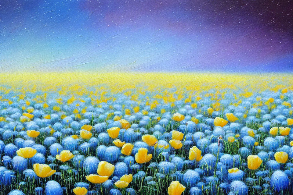 Field of Blue and Yellow Flowers Under Twilight Sky