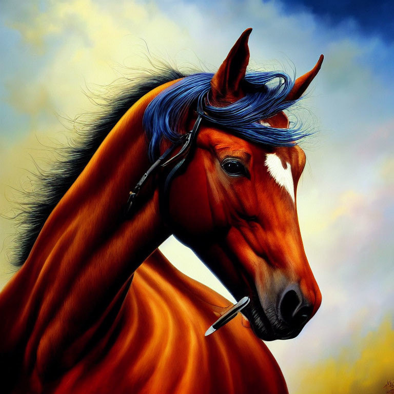 Vibrant orange horse with blue mane in stylized painting