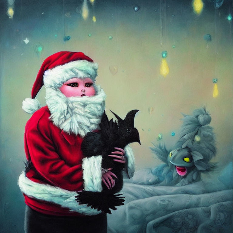 Whimsical Santa Claus with black bird and peeking creature