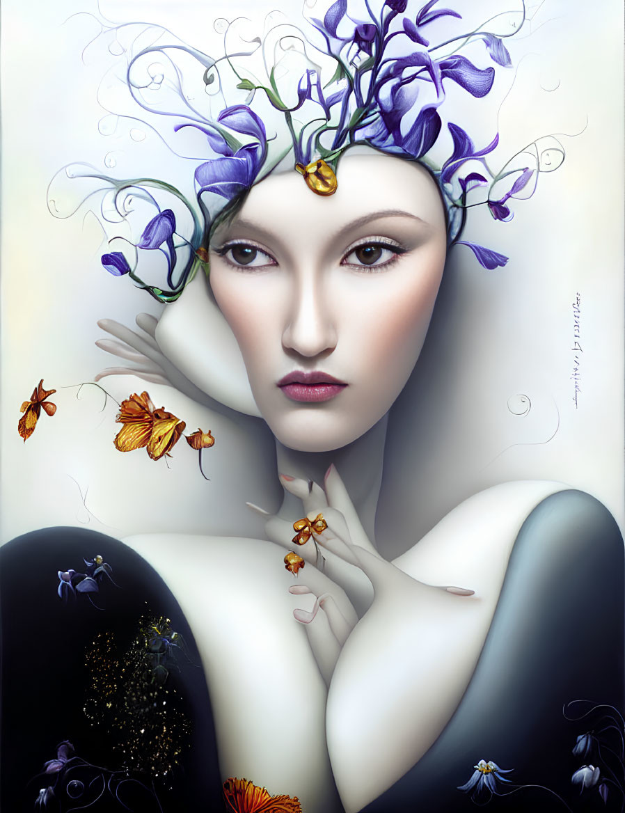 Exaggerated surreal portrait of a woman with purple floral headpiece and intense gaze