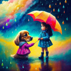 Young girl with colorful umbrella and dog under rainbow-tinted rain