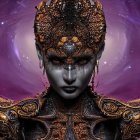 Opulent red and gold headpiece with intricate jewelry in mystical purple backdrop