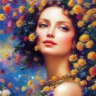 Colorful Painting of Woman with Flowers and Gold Jewelry on Floral Background