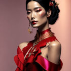 Stylish woman with red flower, golden earrings, red dress on warm background