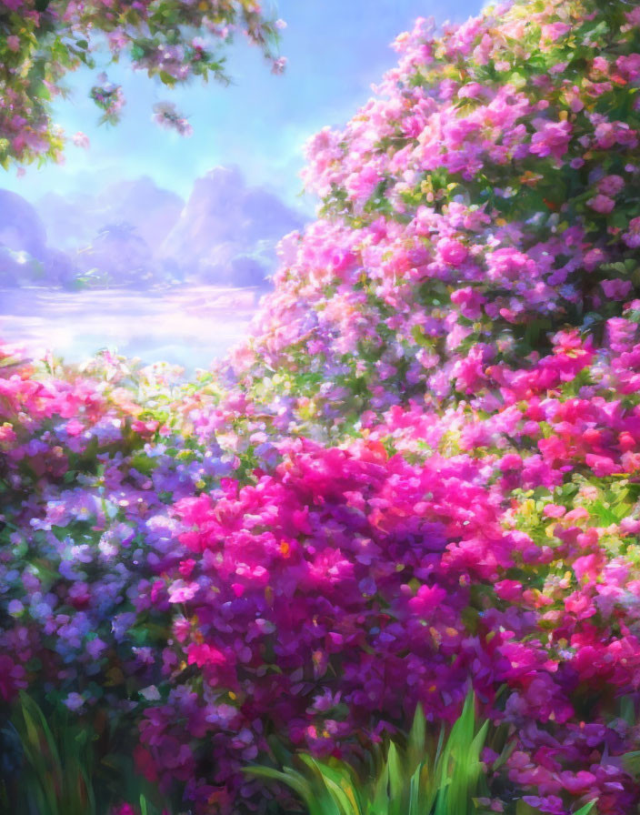 Lush Pink Flowers in Dreamlike Garden with Misty Mountains