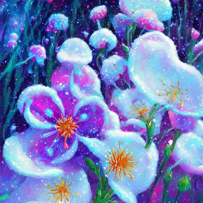 Purple Flowers Painting on Dark Blue Cosmic Background