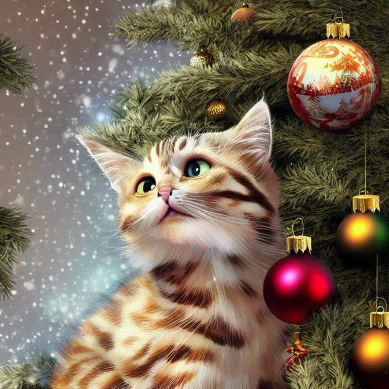 Tabby kitten surrounded by Christmas ornaments and pine branches in snowy scene