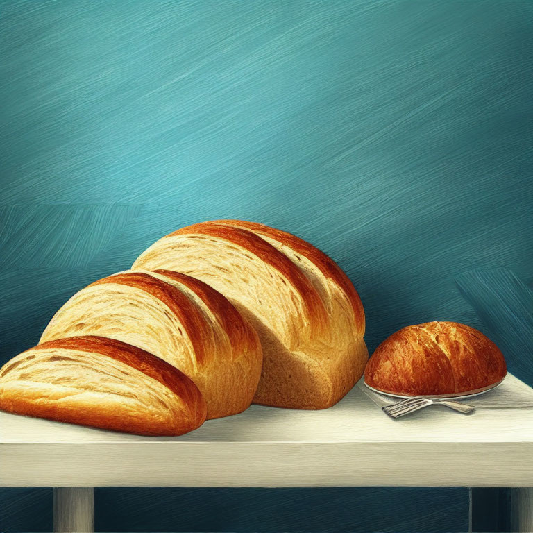 Bread loaf and roll on table with blue background