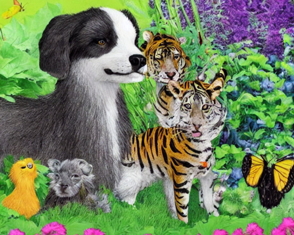 Vibrant illustration with dog, tiger cubs, koala, chick, and butterfly in colorful