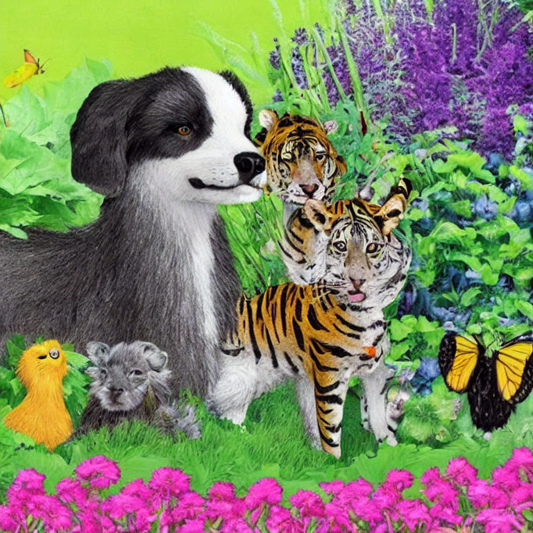 Vibrant illustration with dog, tiger cubs, koala, chick, and butterfly in colorful