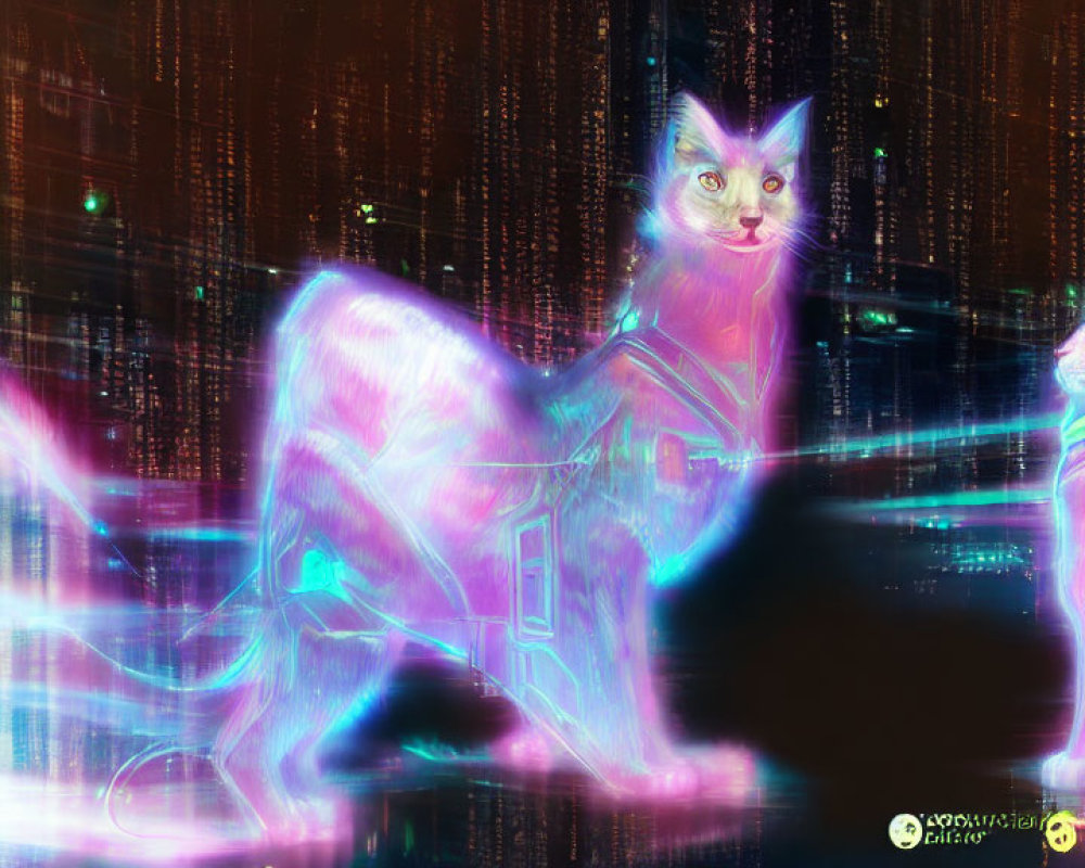 Neon-lit translucent cats with digital circuit patterns in cyber-city.