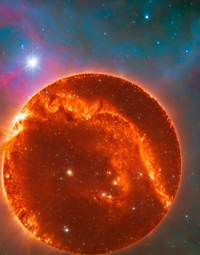 Celestial Body with Red and Orange Hues in Blue Nebulous Background