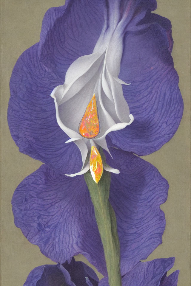 Detailed Painting of Purple Iris Flower with Flame-Like Structures on Petals