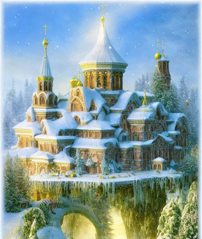 Snow-covered church with multiple domes in serene winter landscape