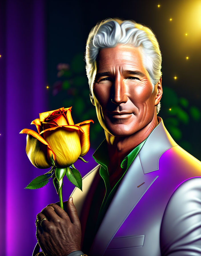 Smiling gentleman with white hair holding yellow rose in white jacket on purple backdrop