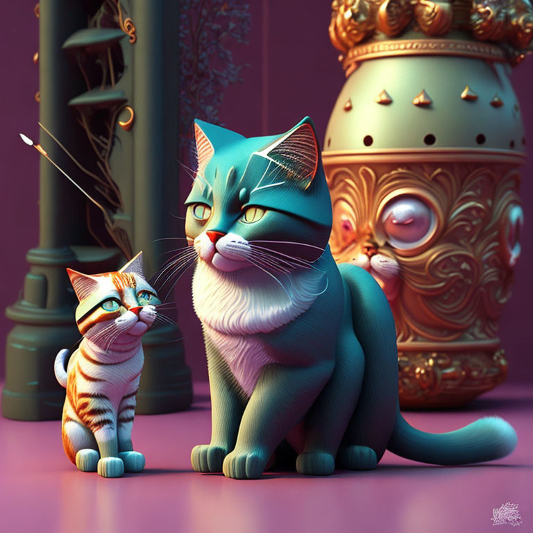 Stylized illustration of two cats with ornate golden vase on purple background