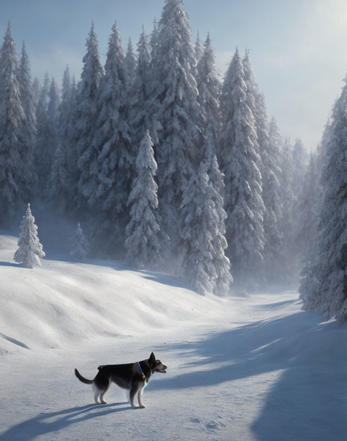 Snowy landscape with frost-covered trees and a walking dog