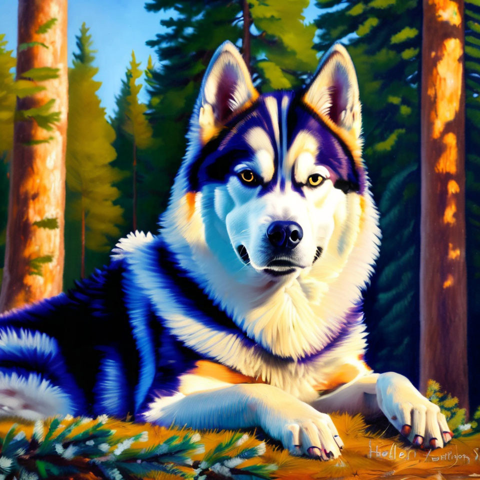 Vibrant painting of a Husky in sunlit forest with blue and black fur